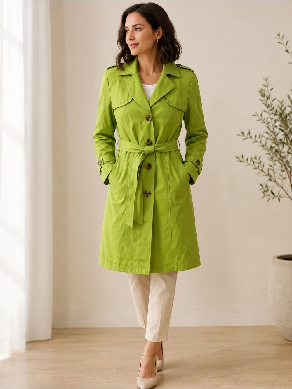 Gallery Lime Green Belted Hooded Vintage Style Trench Coat Unique Color